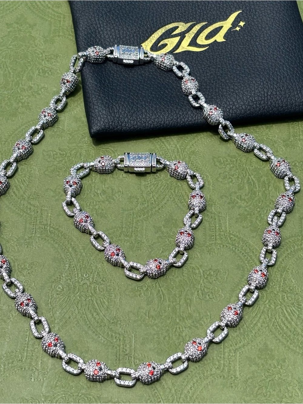 Authentic GLD Shop Pave 14k White Gold Skull Plated Chain Matching Bracelet Set